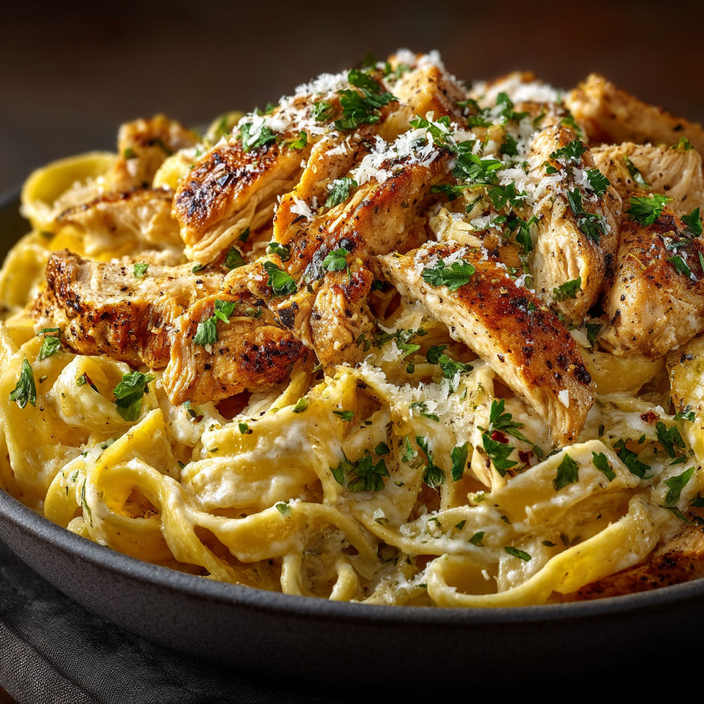 A plate of pasta alfredo with chicken.