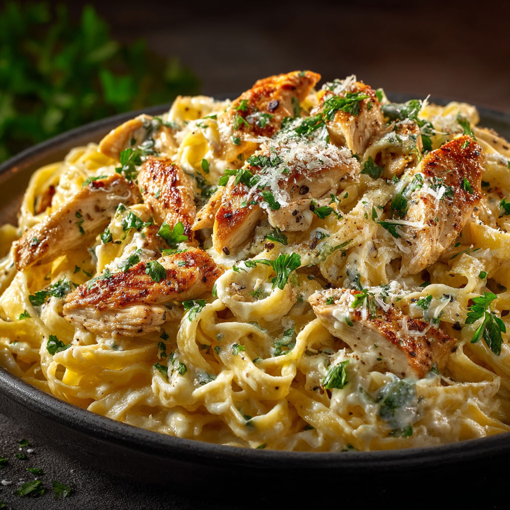 A bowl of pasta with chicken and cheese.