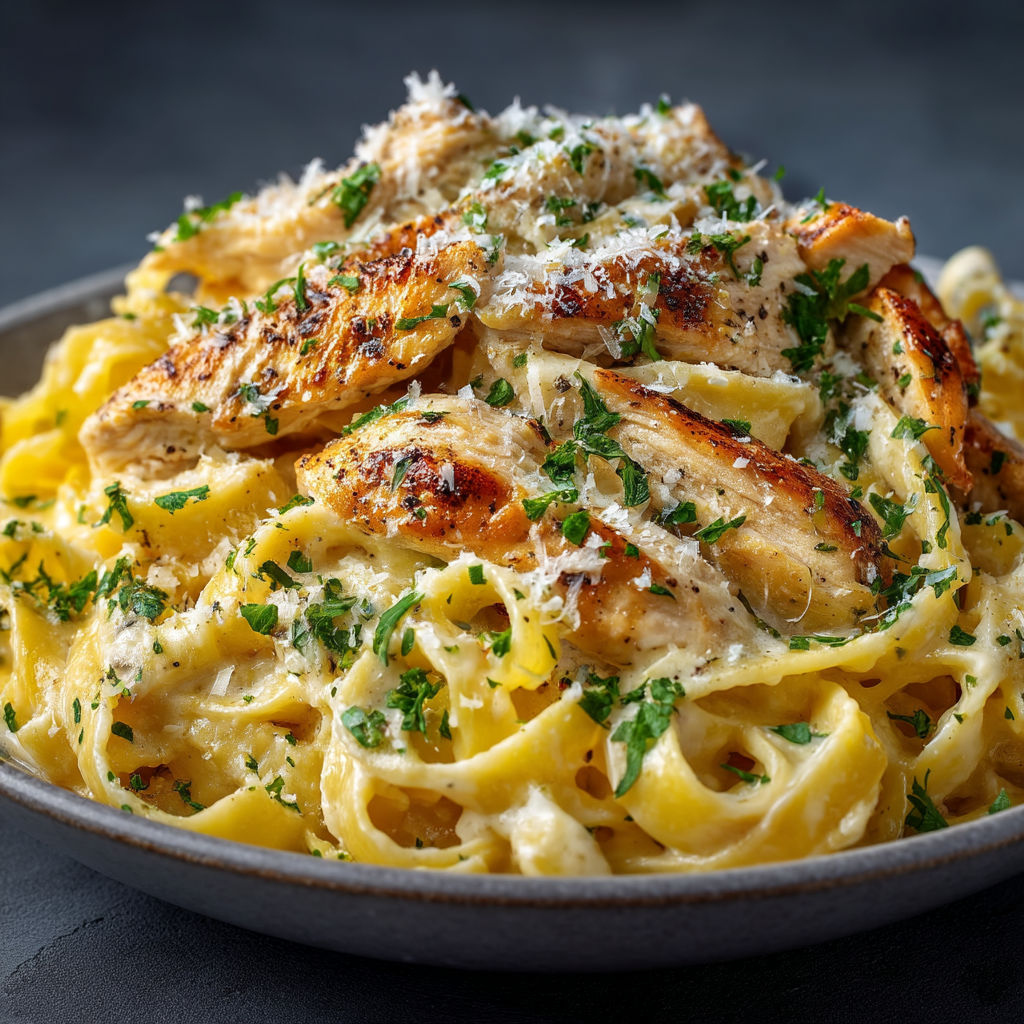 A plate of pasta with chicken and cheese.