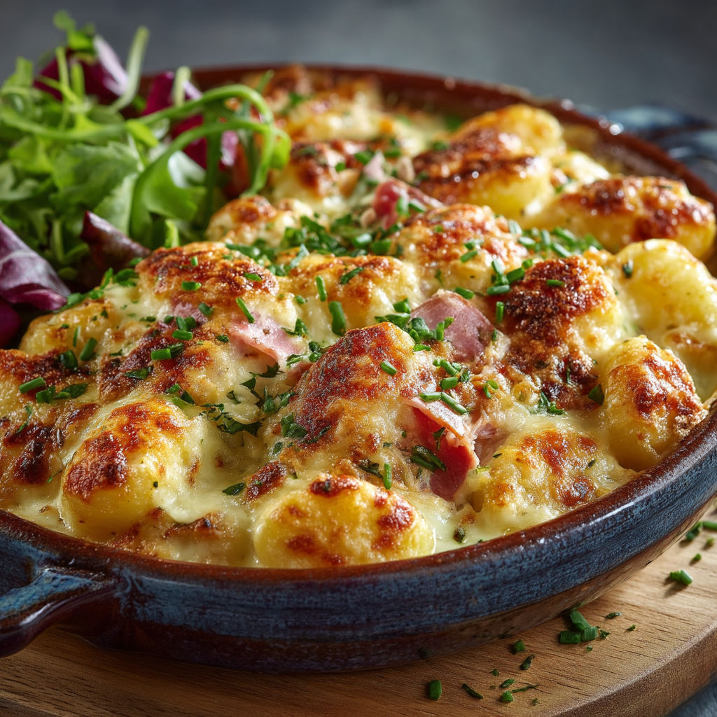 A bowl of gnocchi with cheese and herbs.