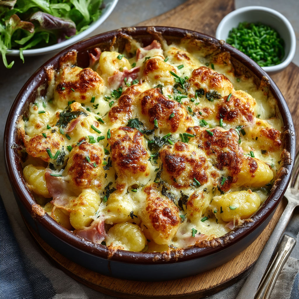 A dish of pasta with cheese and herbs.