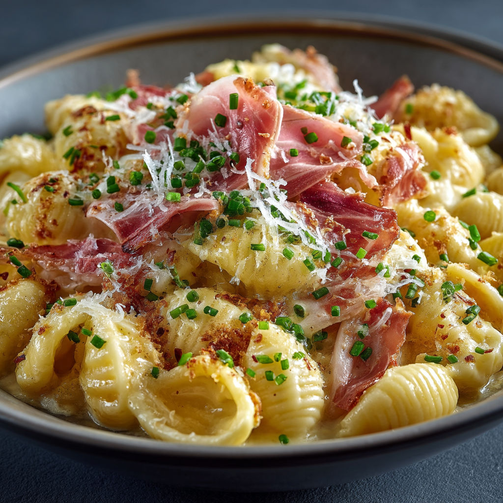 A bowl of pasta with bacon and cheese.