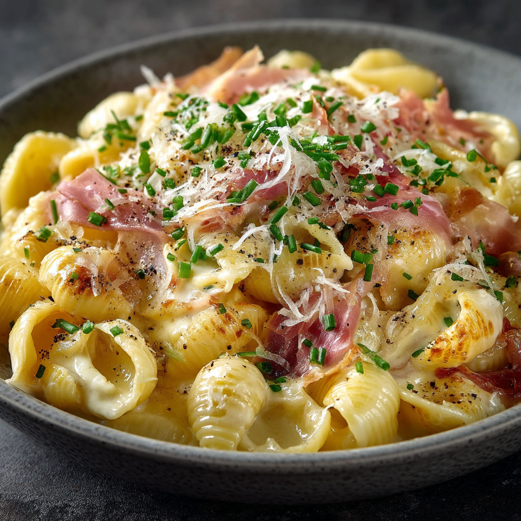 A bowl of pasta with cheese and bacon.