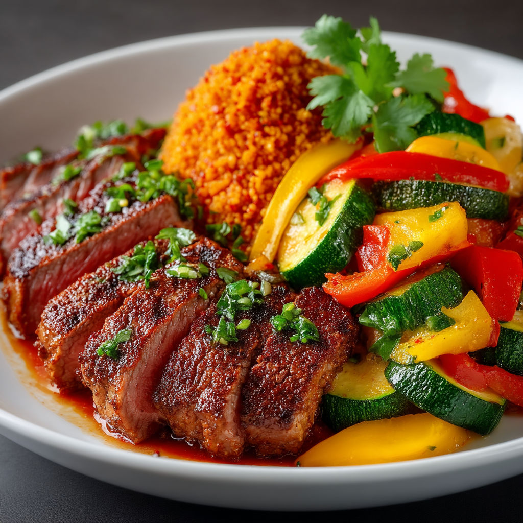 A plate of food with meat, vegetables, and rice.