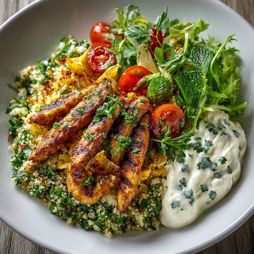 A plate of food with grilled chicken, tomatoes, and feta cheese.
