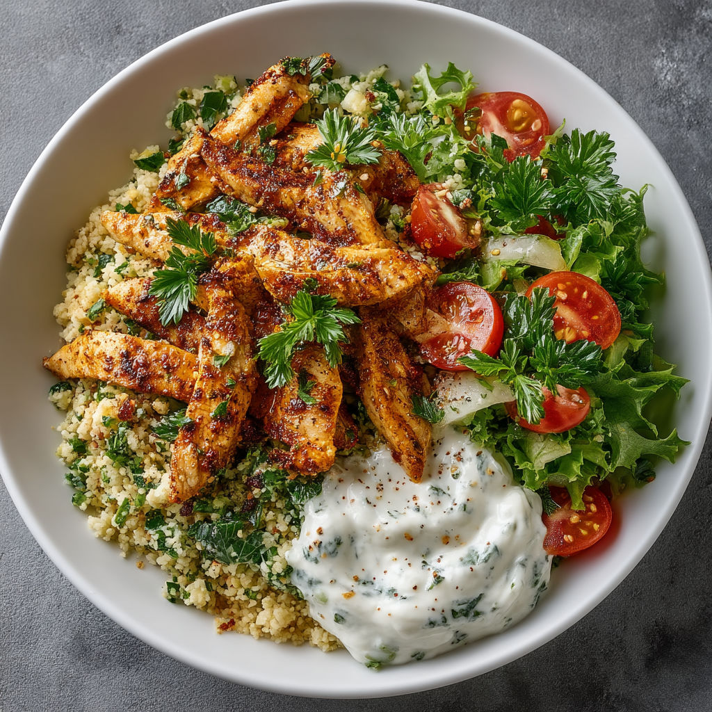 A bowl of food with chicken, tomatoes, and lettuce.