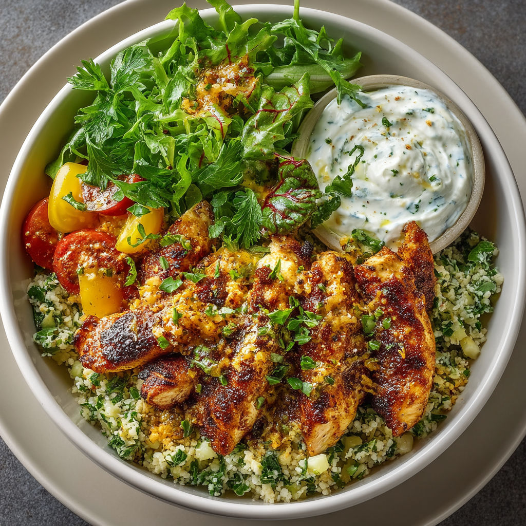A bowl of food with chicken, tomatoes, lettuce, and a white sauce.