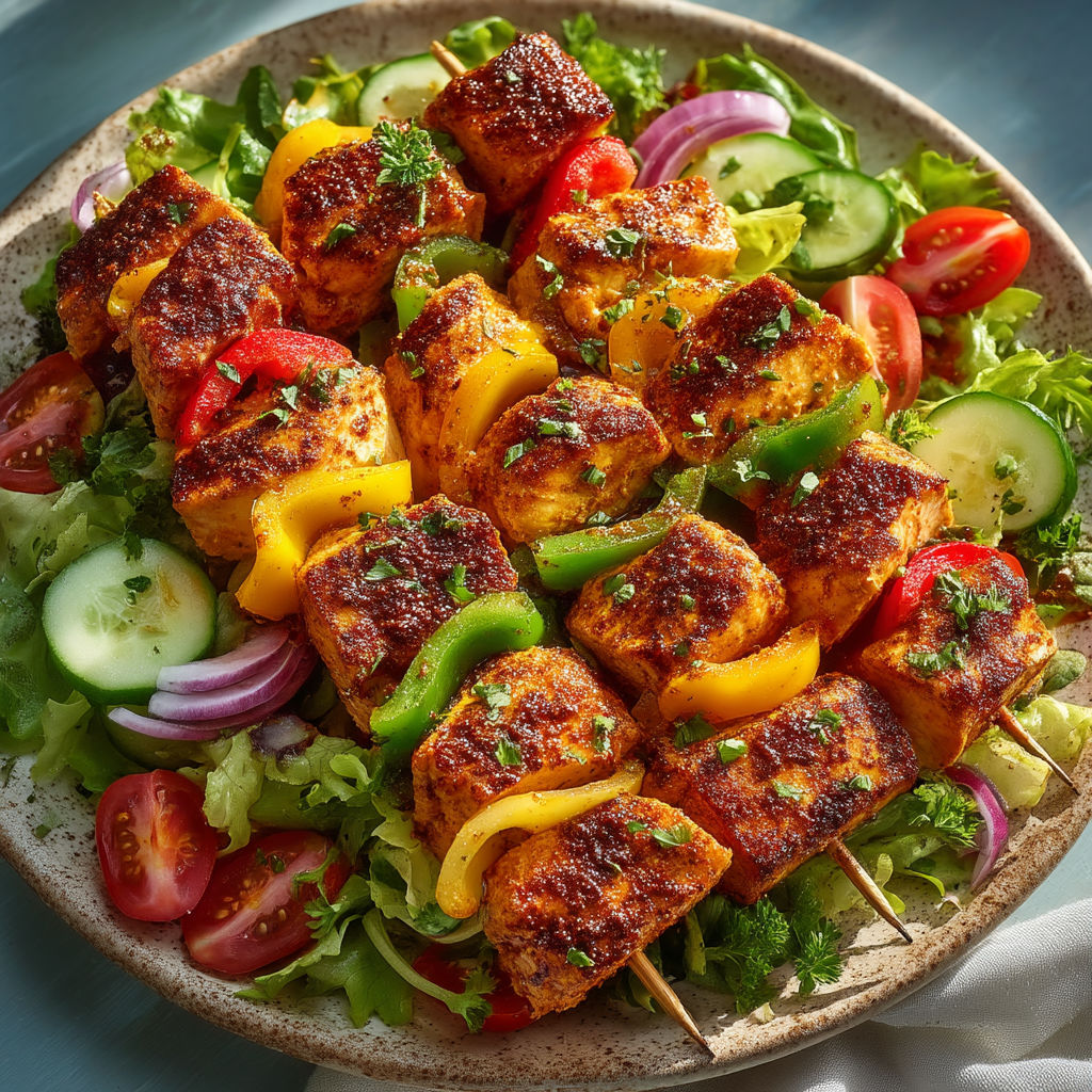 A plate of grilled chicken skewers with vegetables.