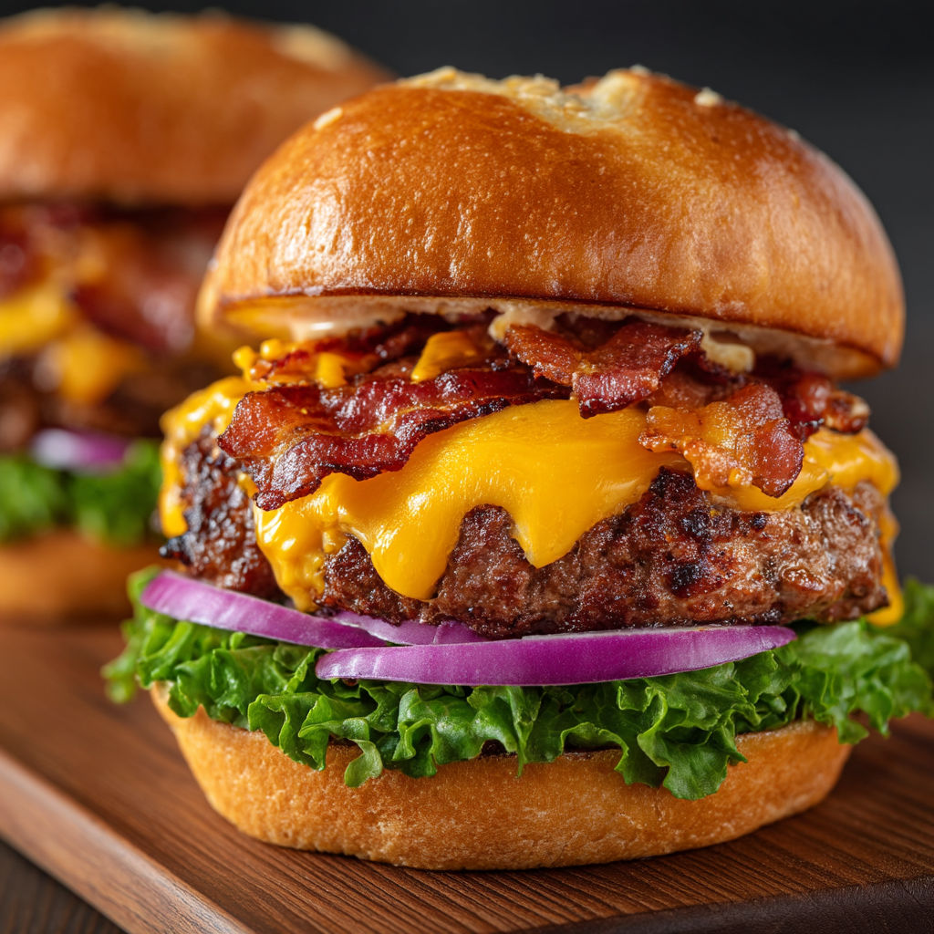 A close up of a bacon cheeseburger on a bun.