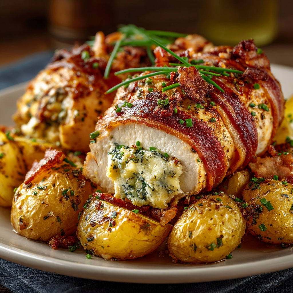 A plate of food with chicken, potatoes, and bacon.