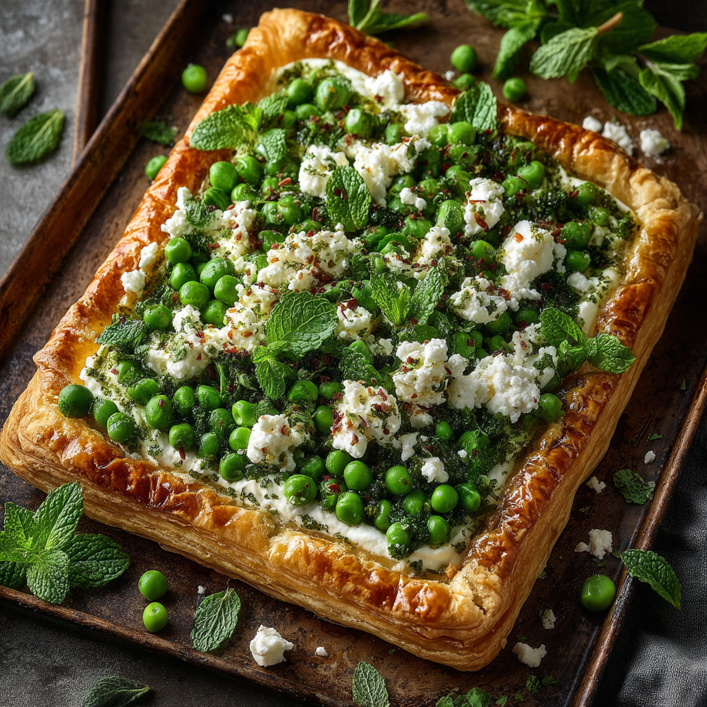 A square shaped pastry with green peas and feta cheese.