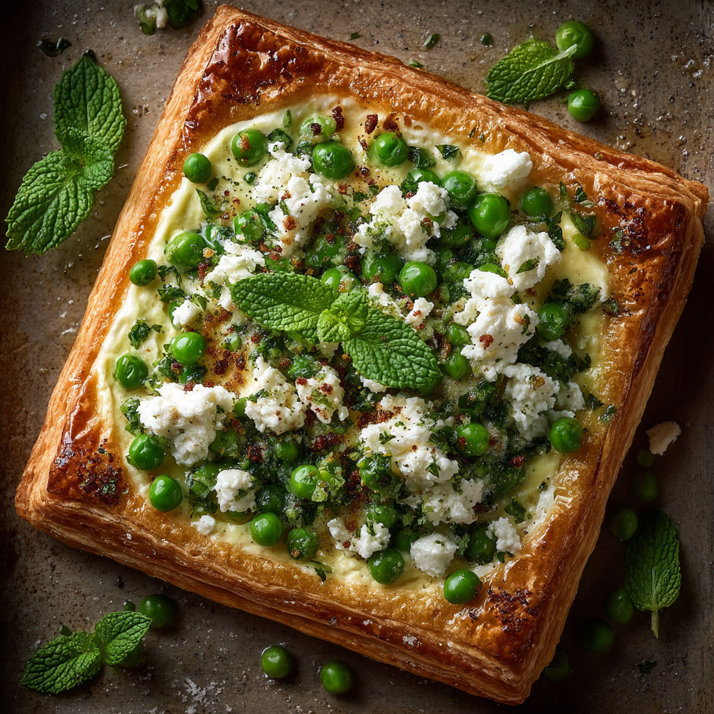 A square pastry with peas and cheese.