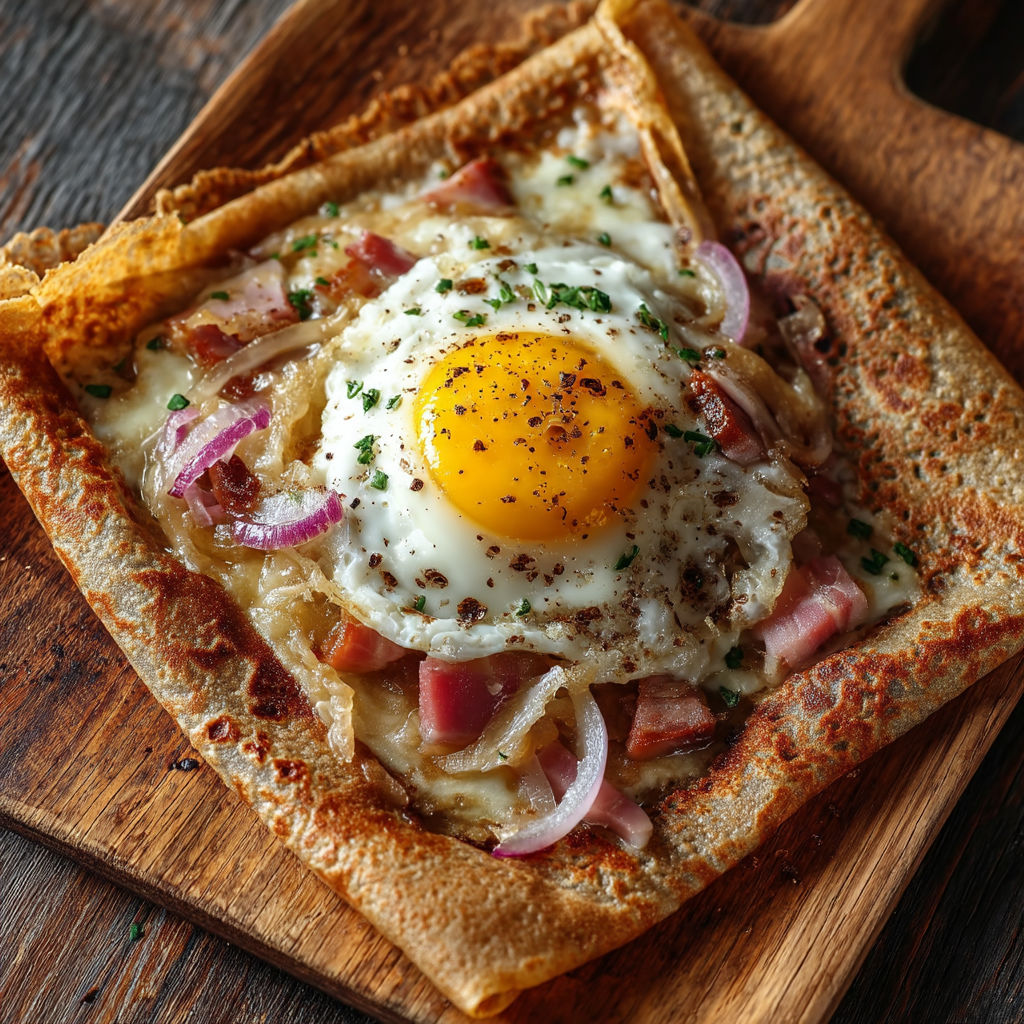 A galette complète with eggs and onions.