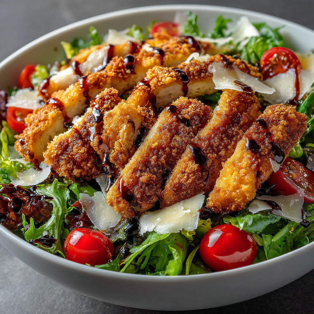 A bowl of salad with chicken and tomatoes.