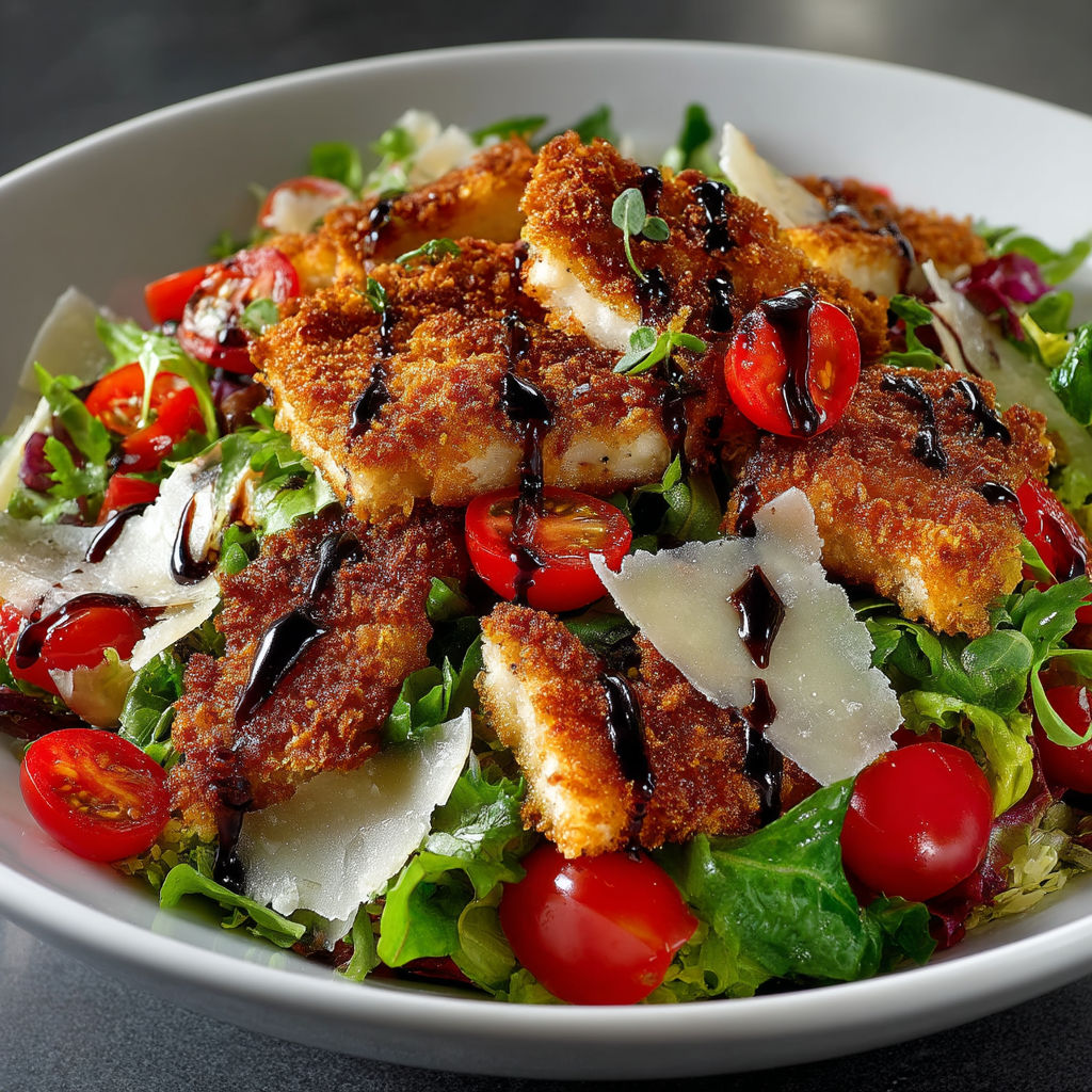 A plate of salad with chicken and tomatoes.