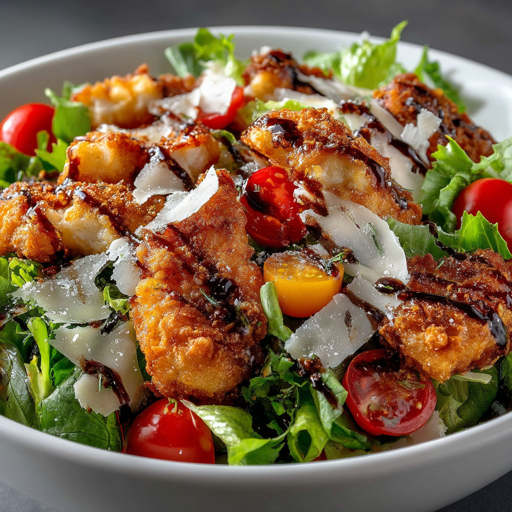 A bowl of salad with chicken and tomatoes.