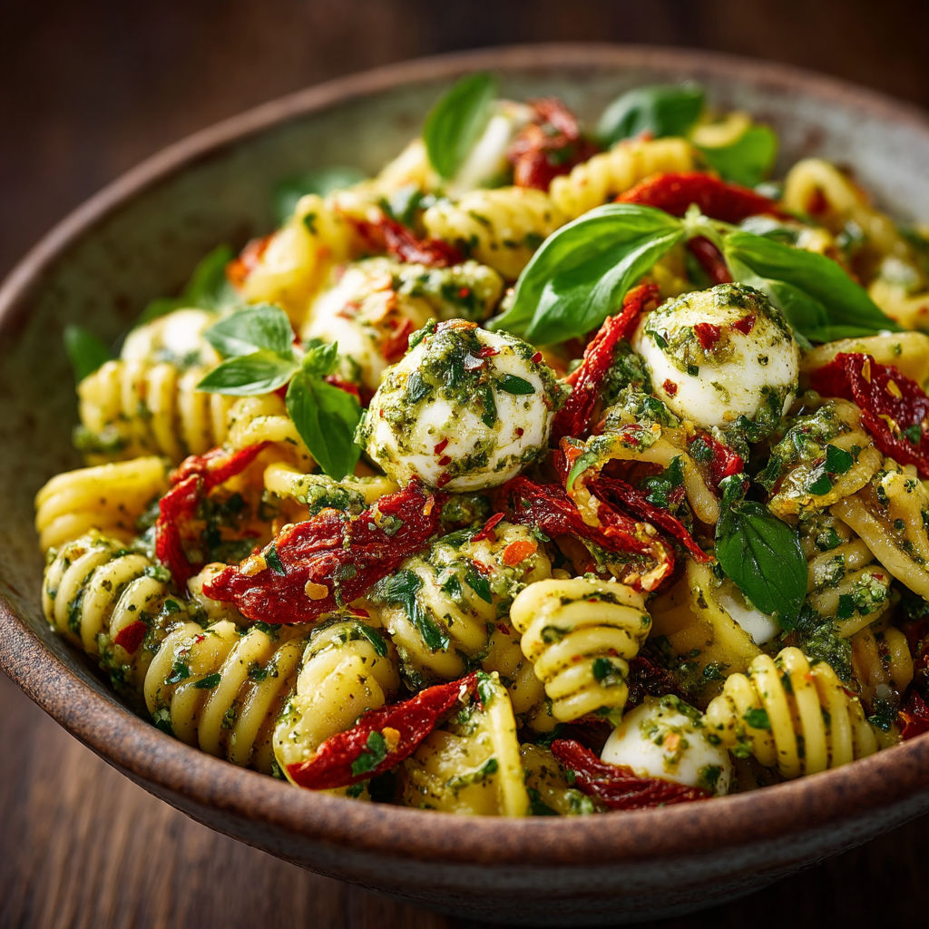 A bowl of pasta with red peppers and spinach.
