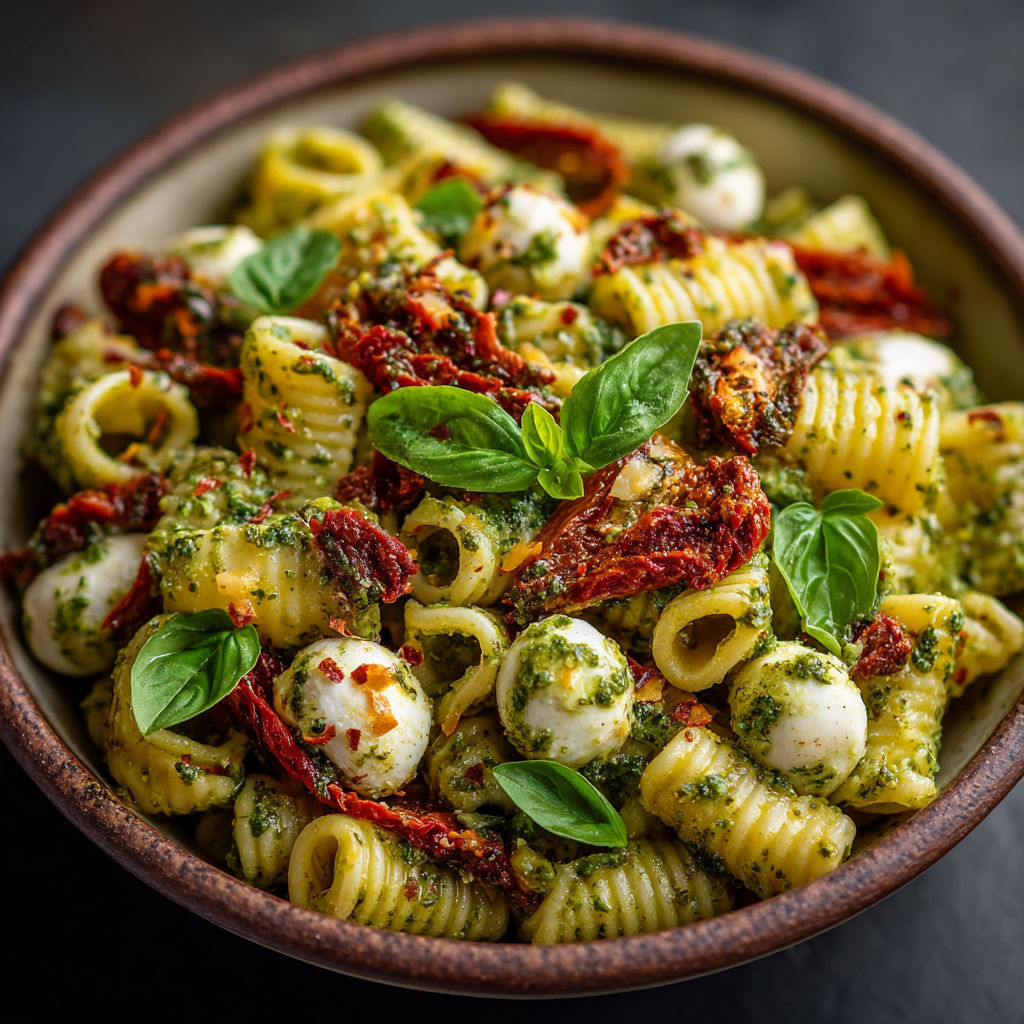A bowl of pasta with vegetables and cheese.
