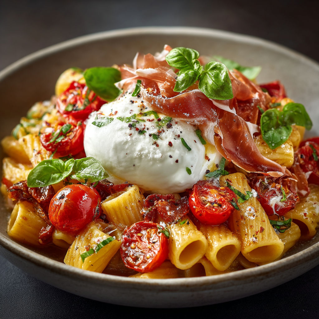 A bowl of pasta with tomatoes, spinach, and cheese.