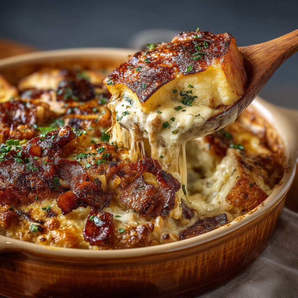 A close up of a delicious cheese and bacon casserole.
