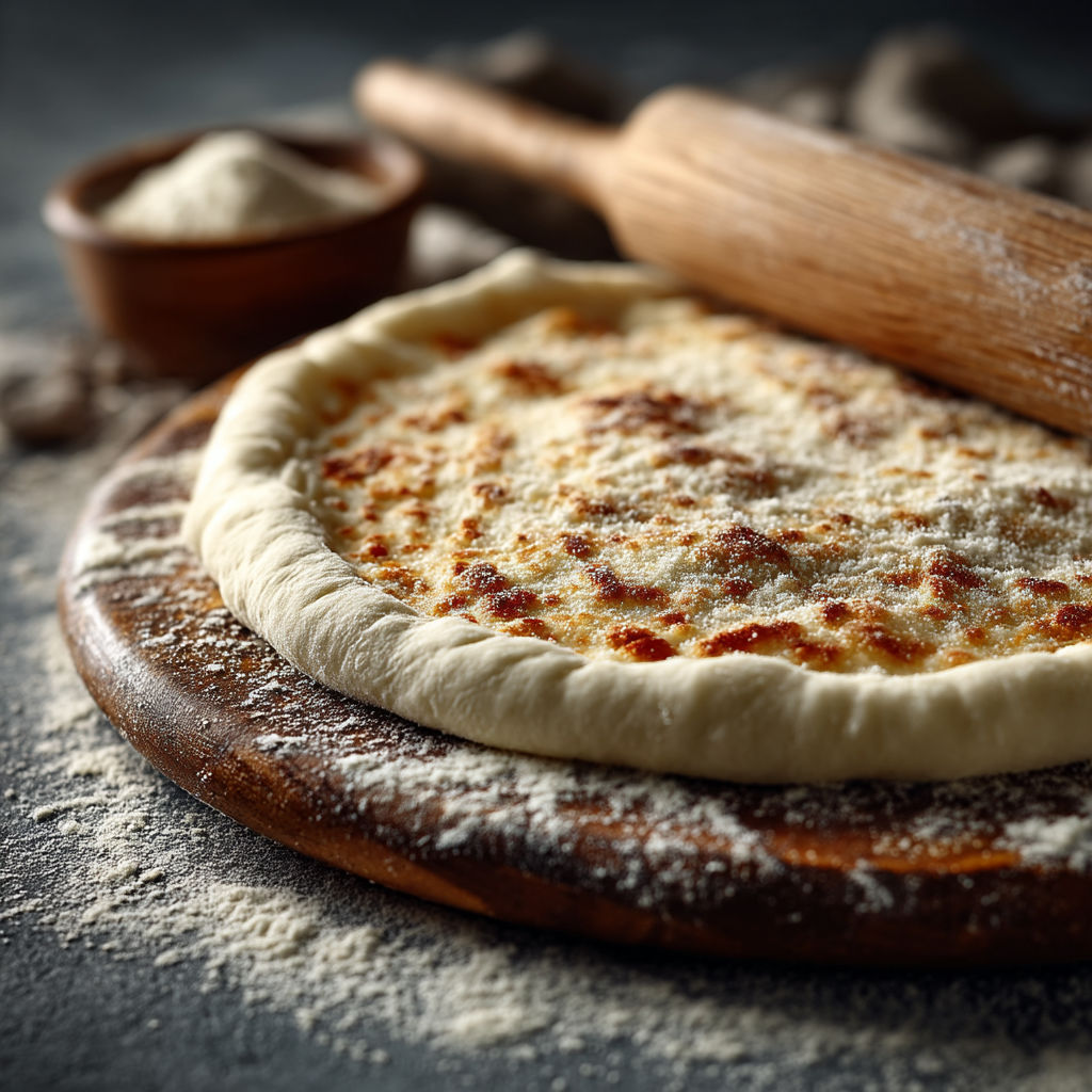 A pizza on a wooden board with flour on it.