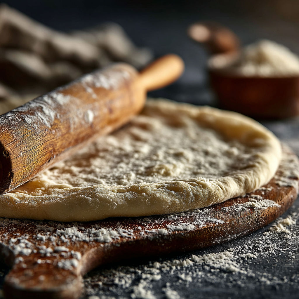 A wooden rolling pin with flour on it.