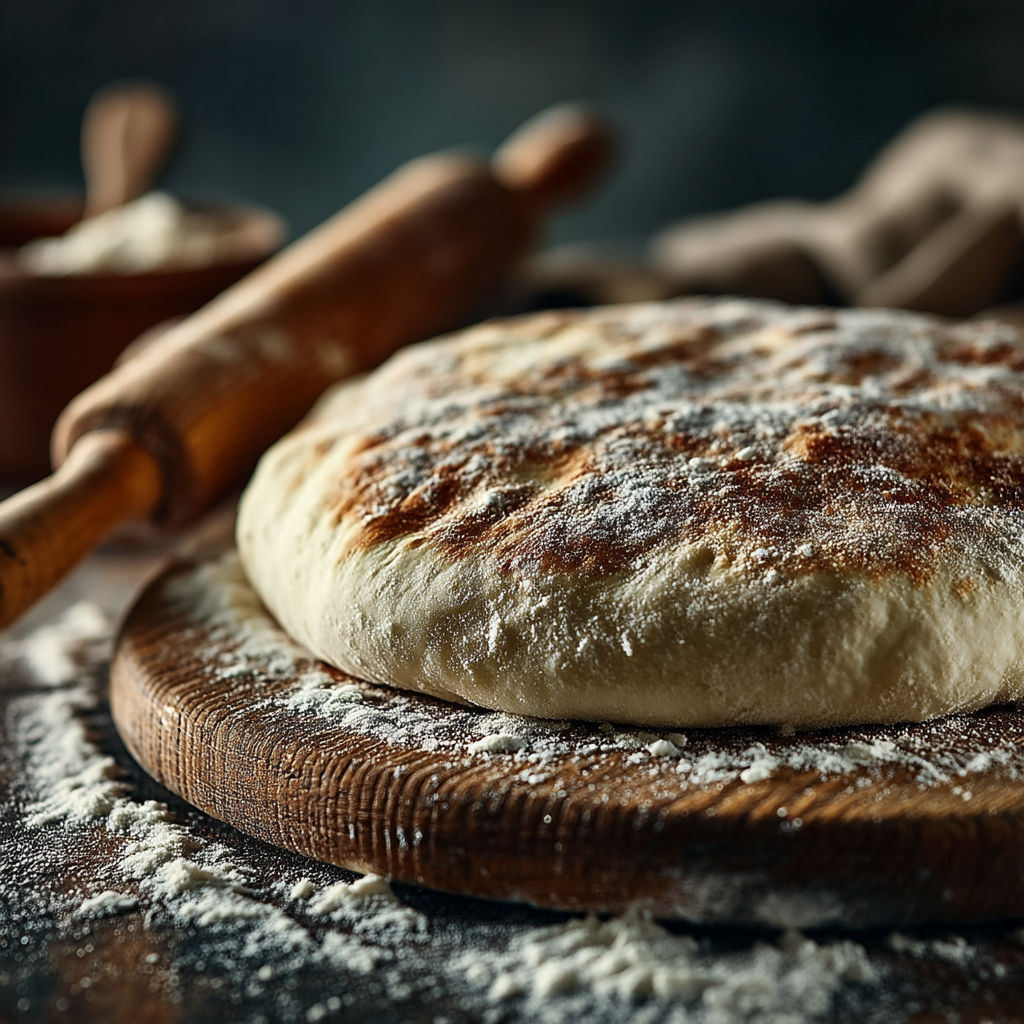 A wooden cutting board with a dough on it.