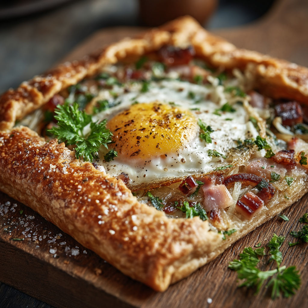 A breakfast pastry with an egg in the center.