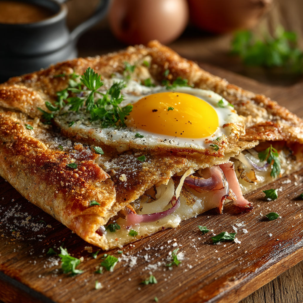 A breakfast sandwich with an egg on top.