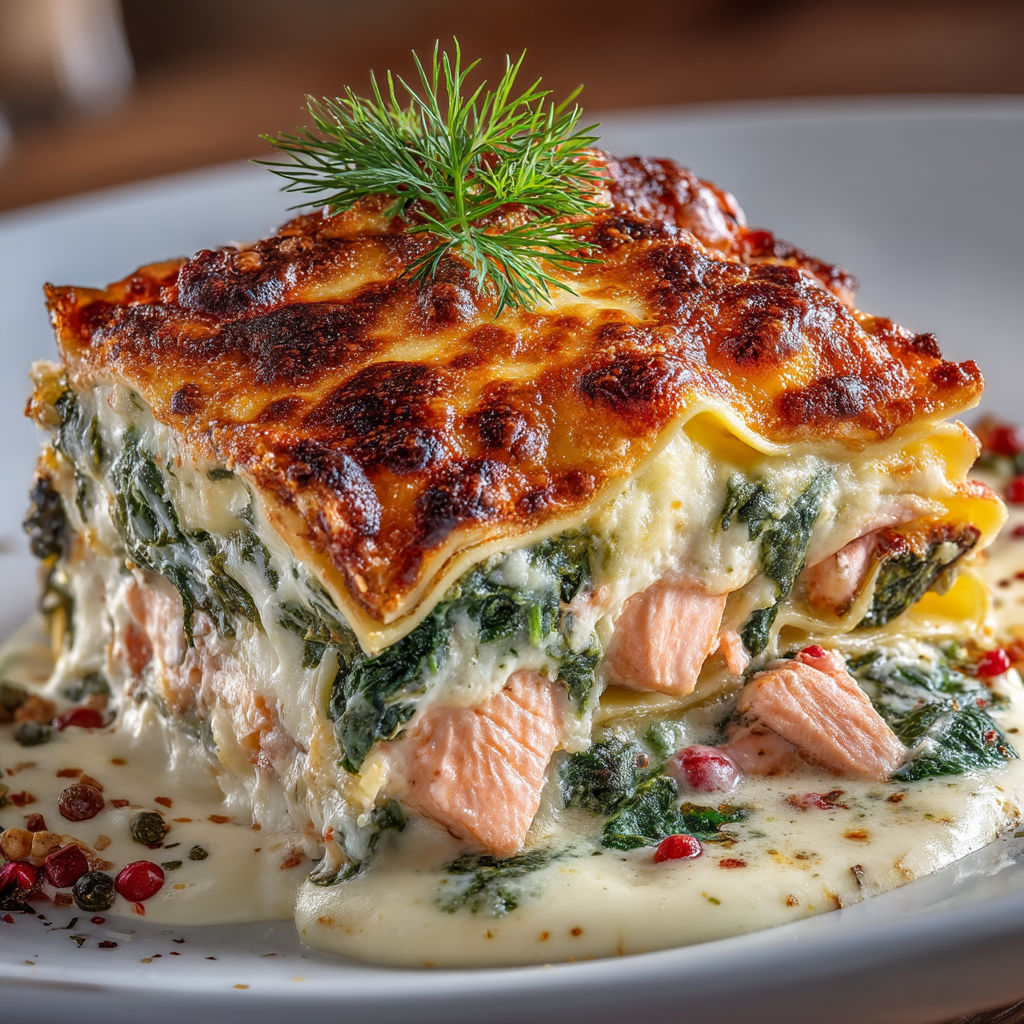 A plate of lasagna with salmon and spinach.
