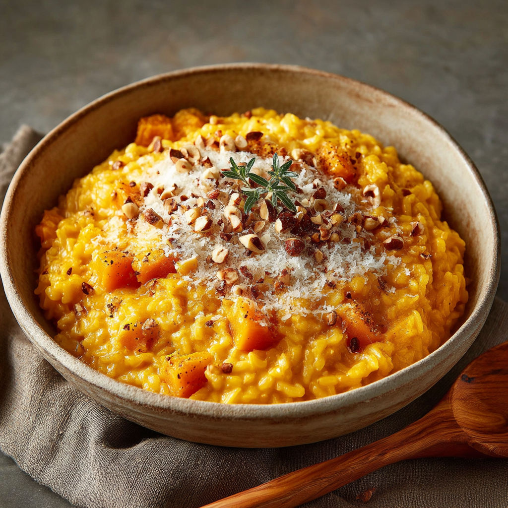 A bowl of risotto with a sprinkle of nuts on top.