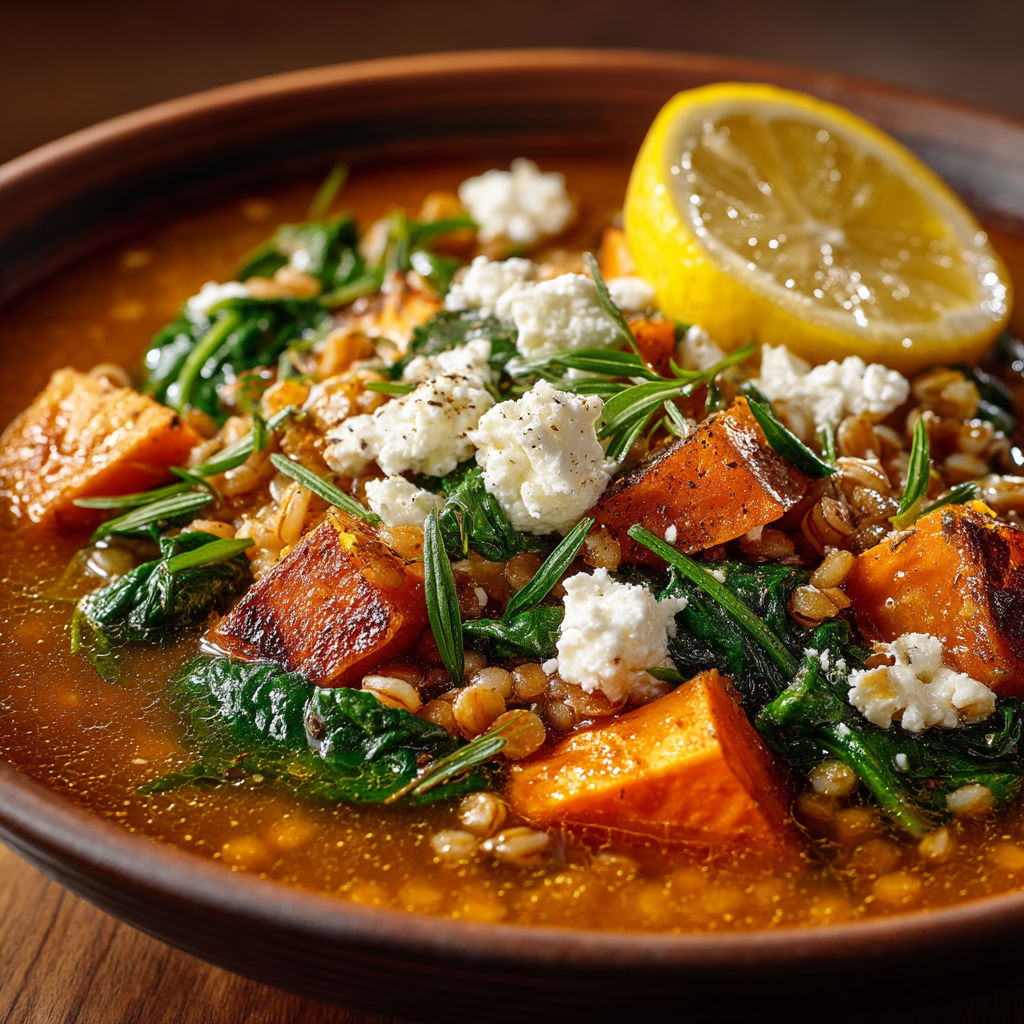 A bowl of food with a lemon wedge on top.