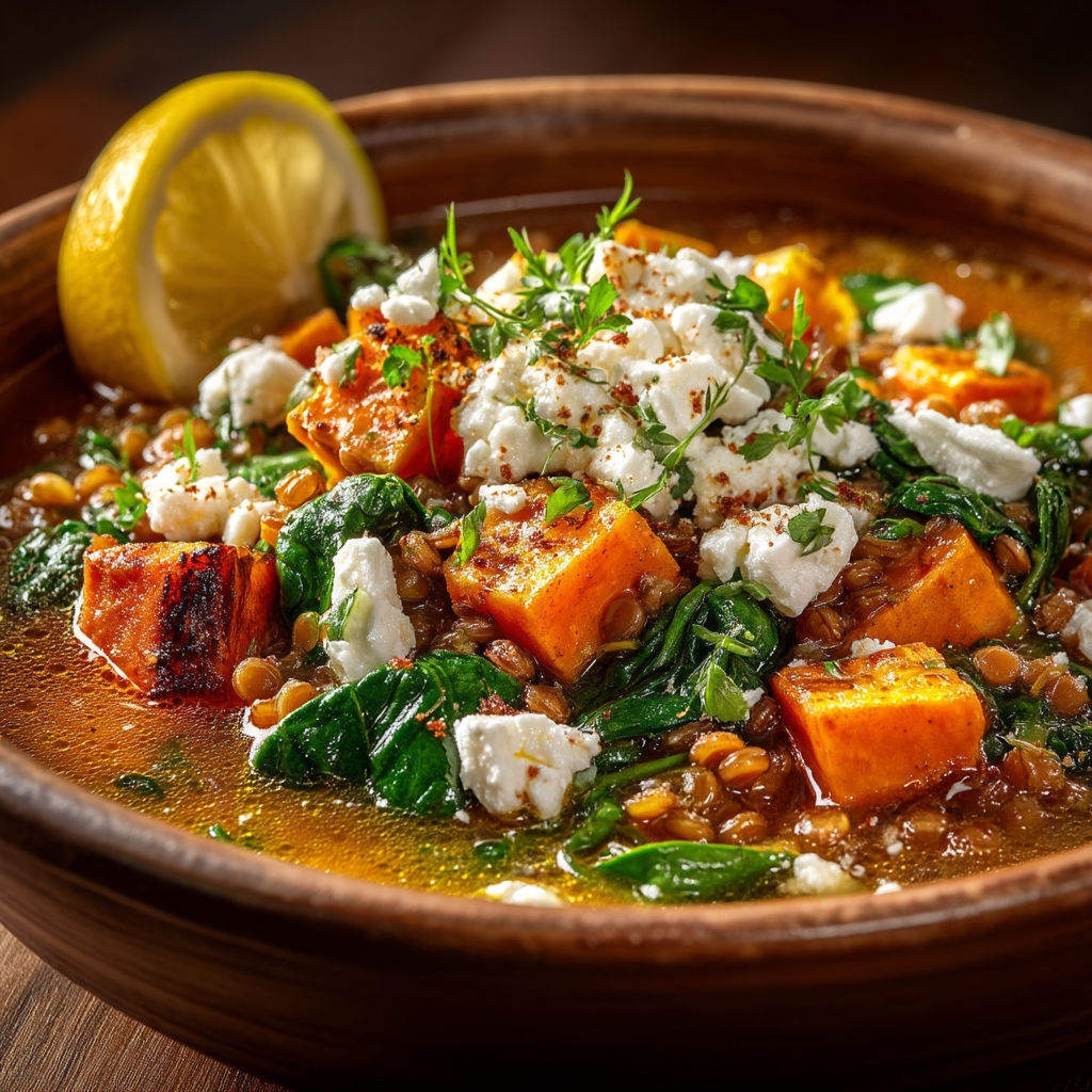 A bowl of food with a lemon wedge on top.