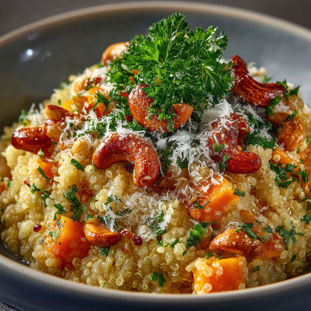 A bowl of food with a green garnish.