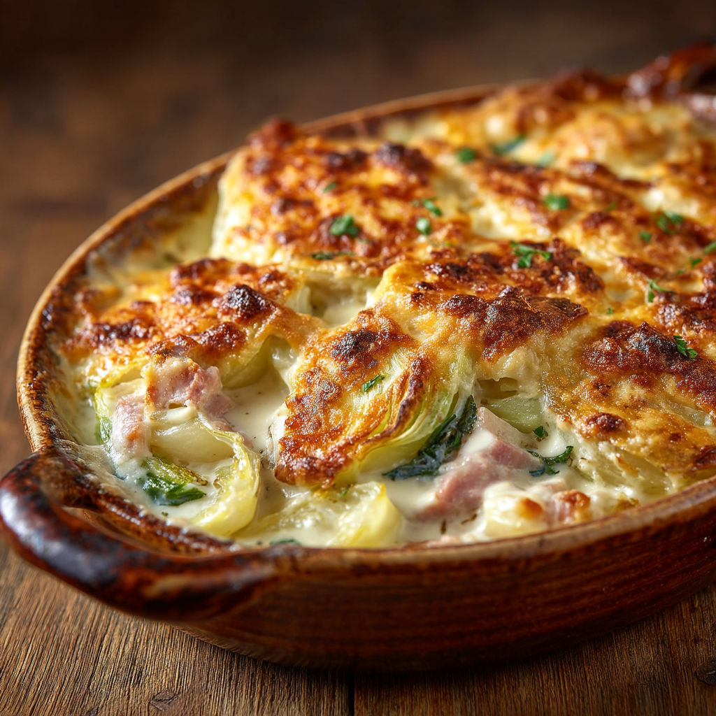 A dish of food with the name Poireaux gratinés au jambon.