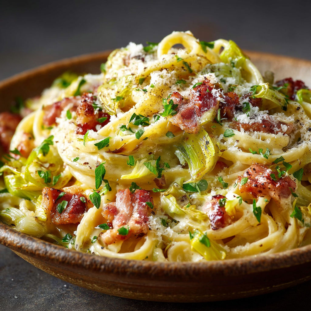 A bowl of pasta with cheese and bacon.