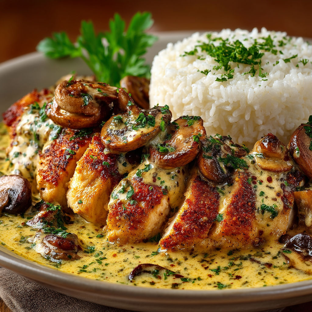 A plate of chicken with mushrooms and rice.