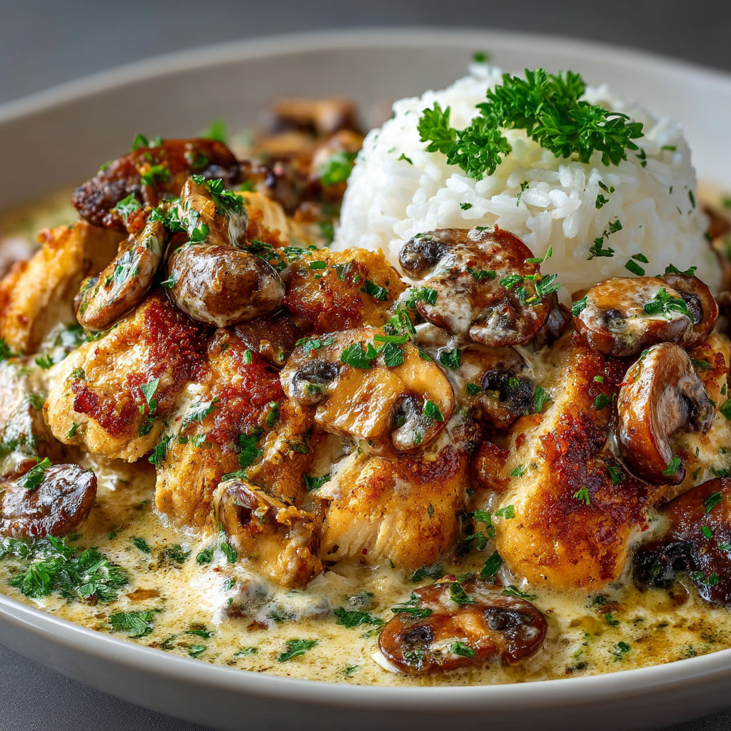 A plate of chicken with mushrooms and rice.
