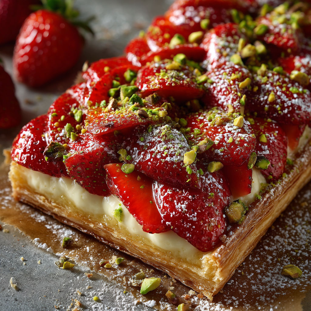 A close up of a dessert with strawberries and pistachios.