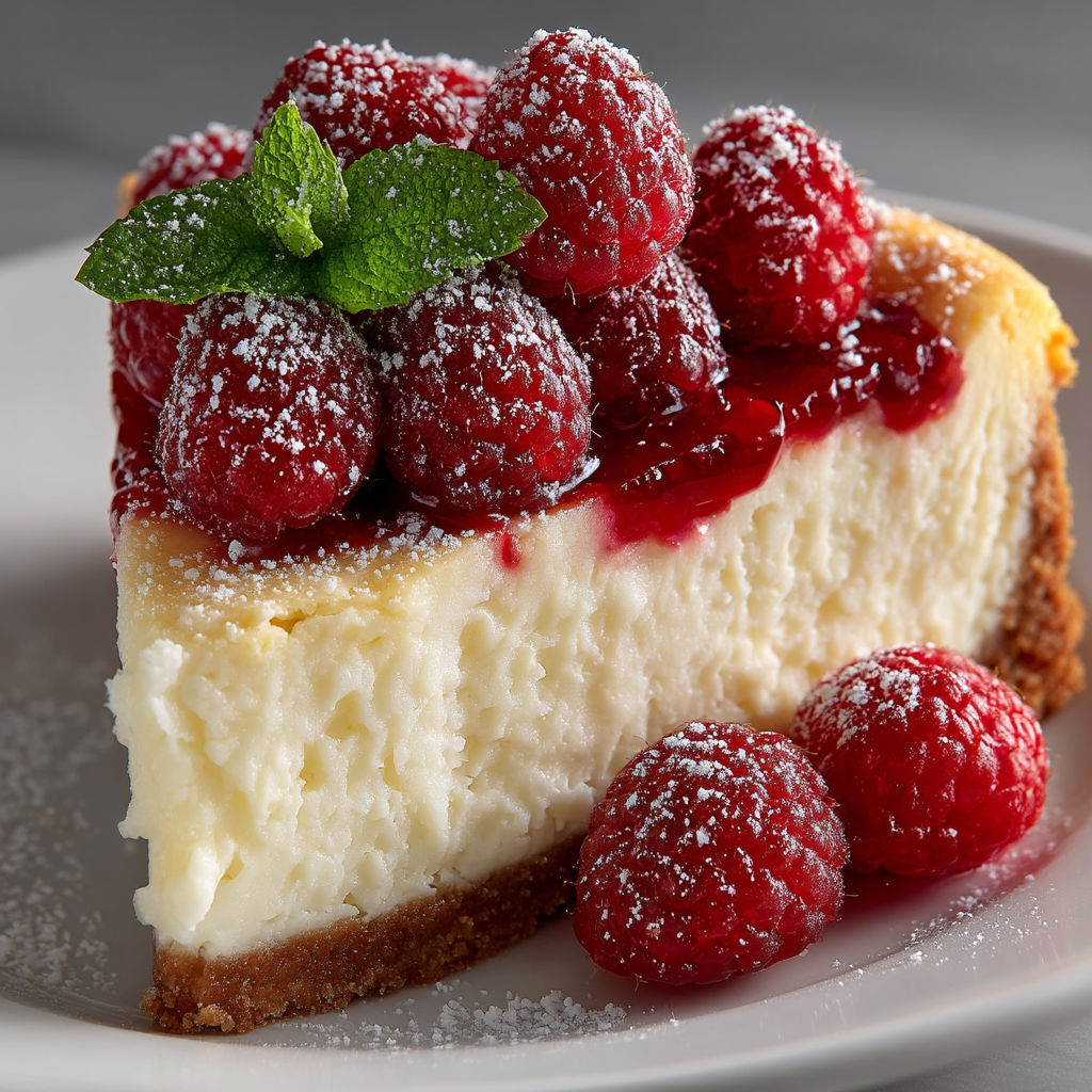 A slice of cheesecake with raspberries on top.