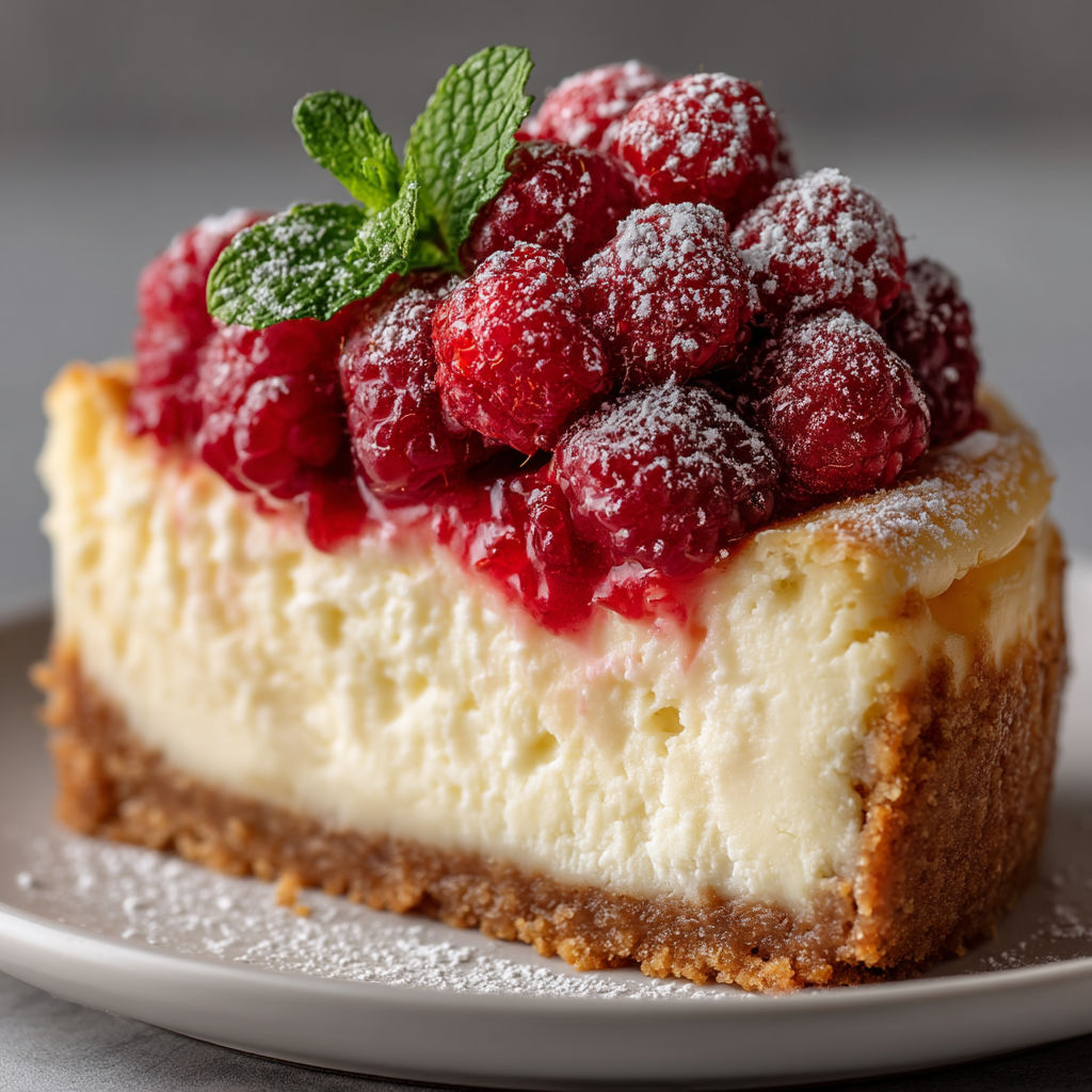 A slice of cheesecake with raspberries on top.