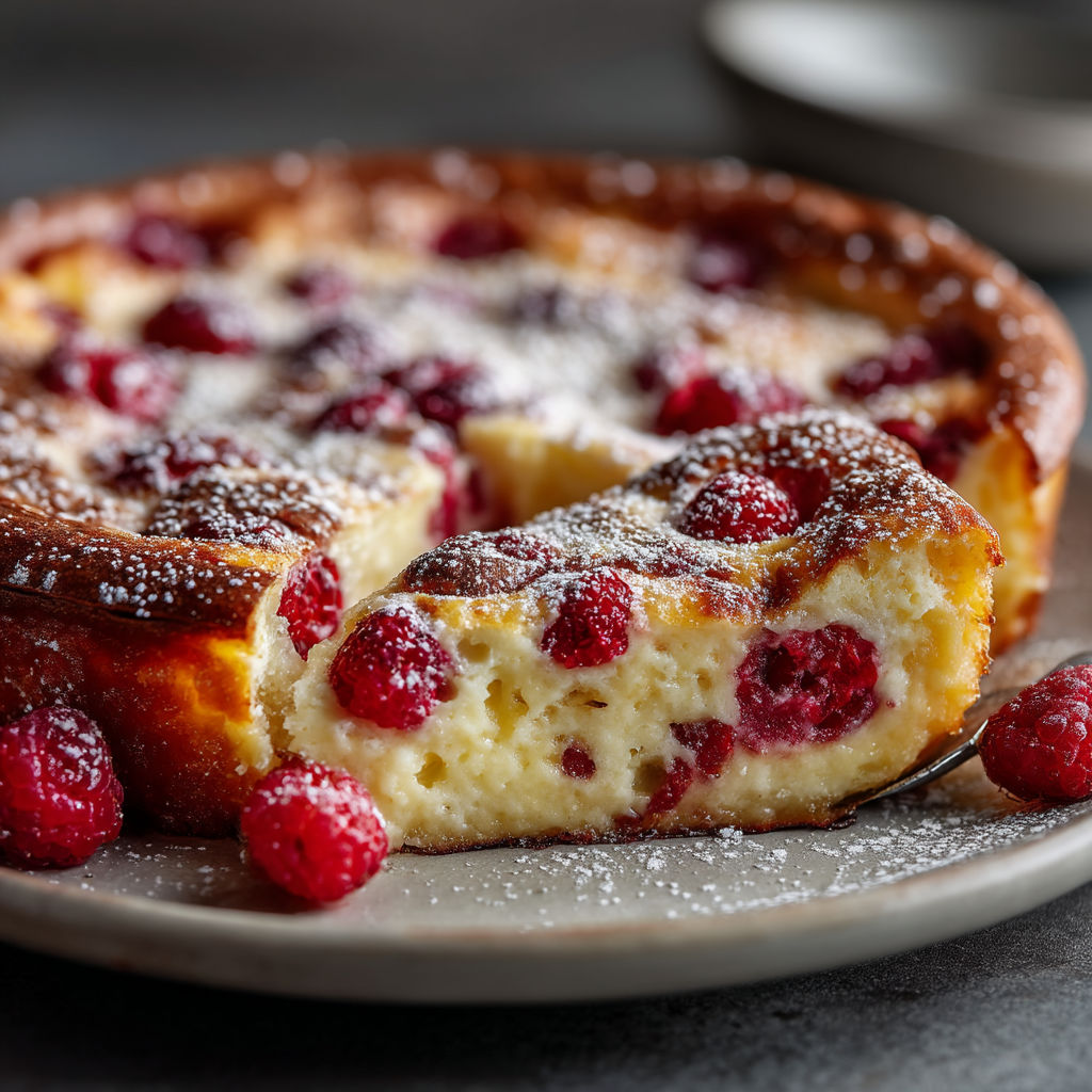 A slice of clafoutis with raspberries on top.