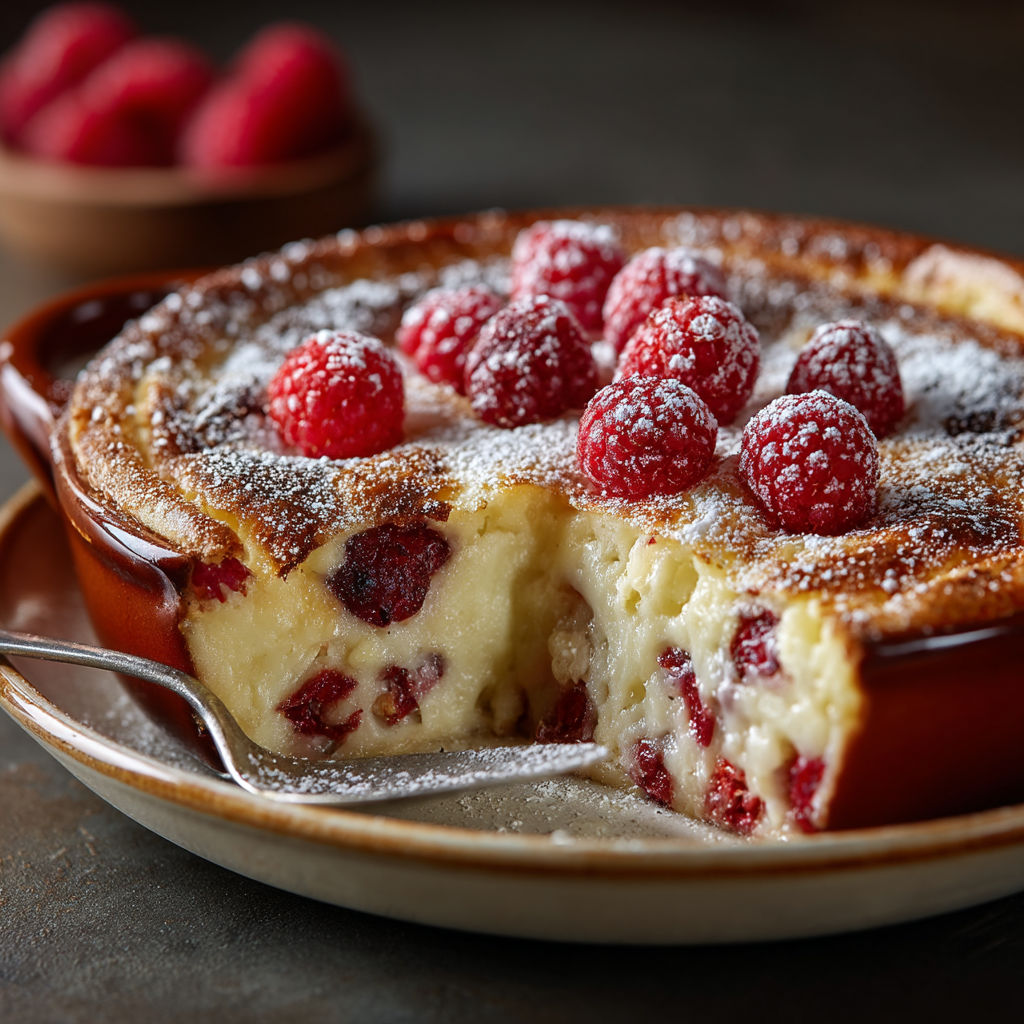 A dessert with raspberries and powdered sugar.