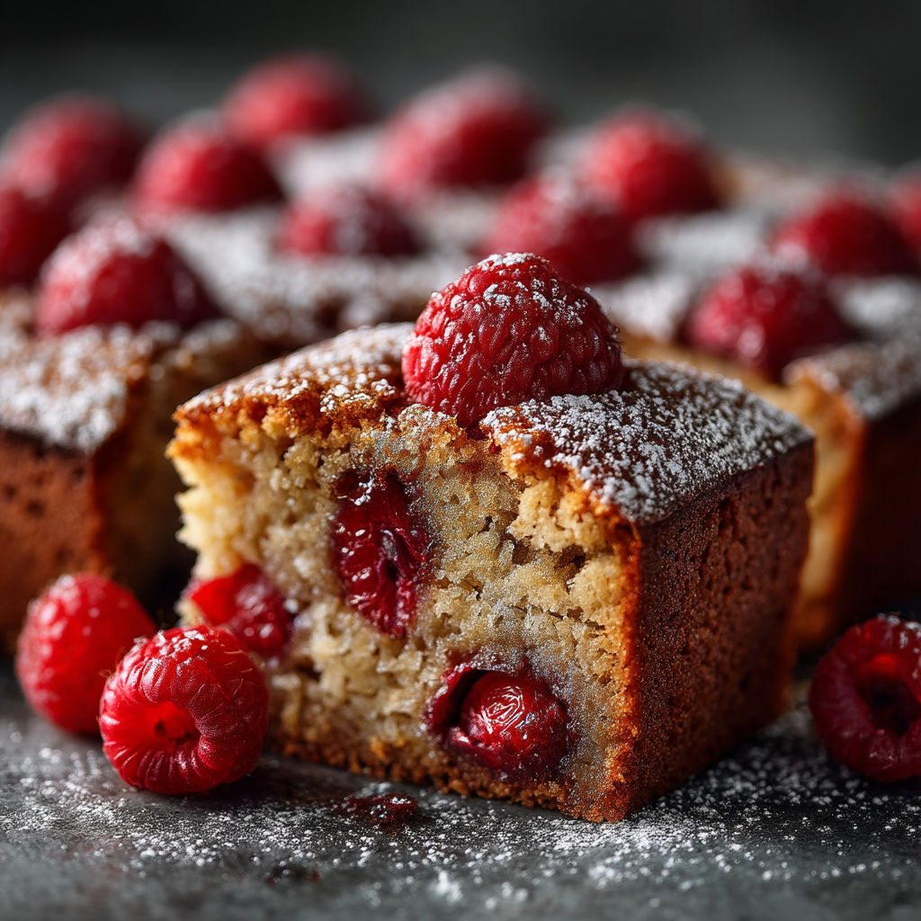 A slice of cake with raspberries on top.