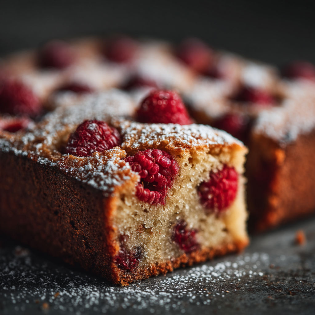 A close up of a cake with raspberries on top.