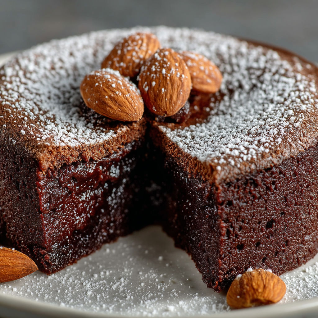 A slice of chocolate cake with almonds on top.