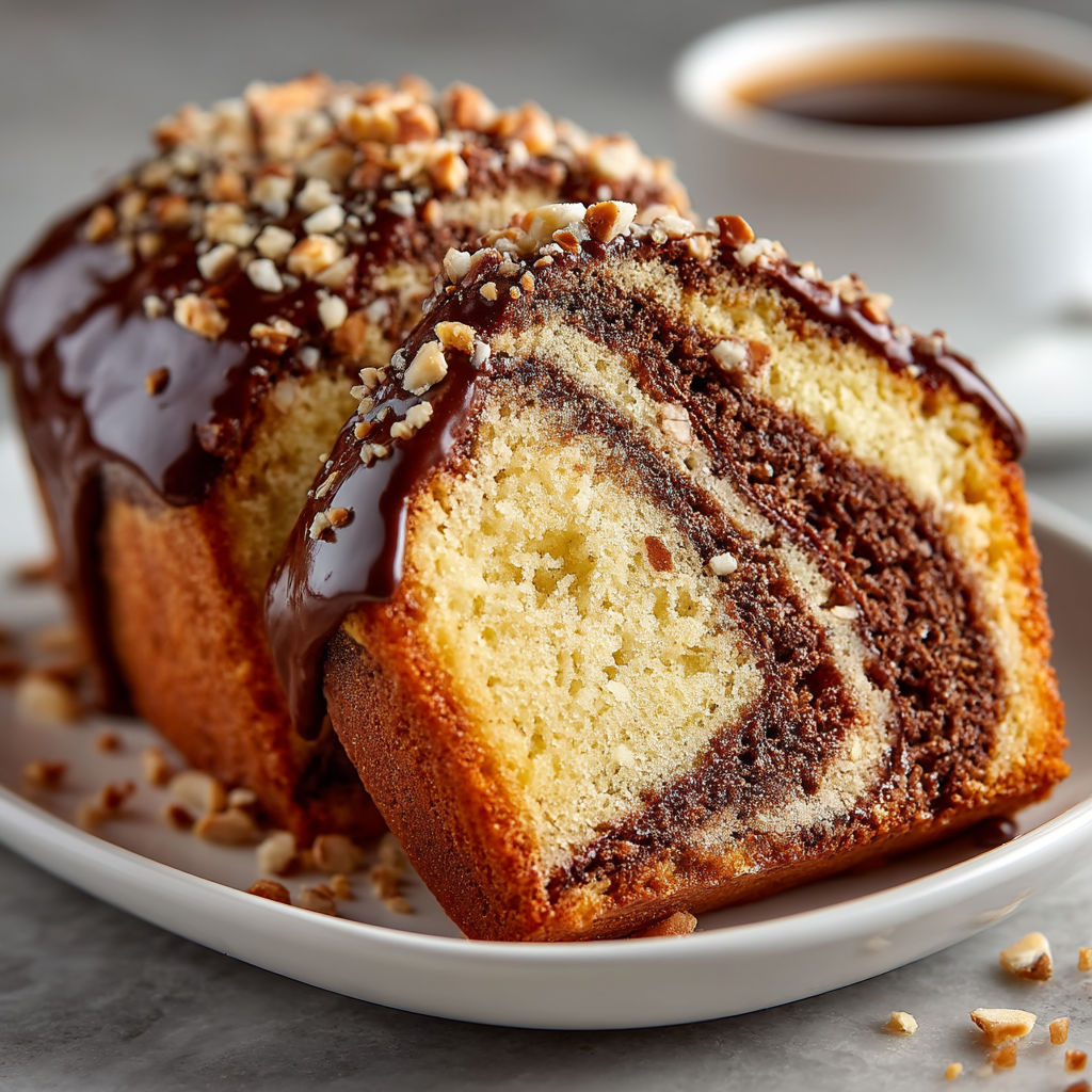 A slice of marbled glaze rocher cake.
