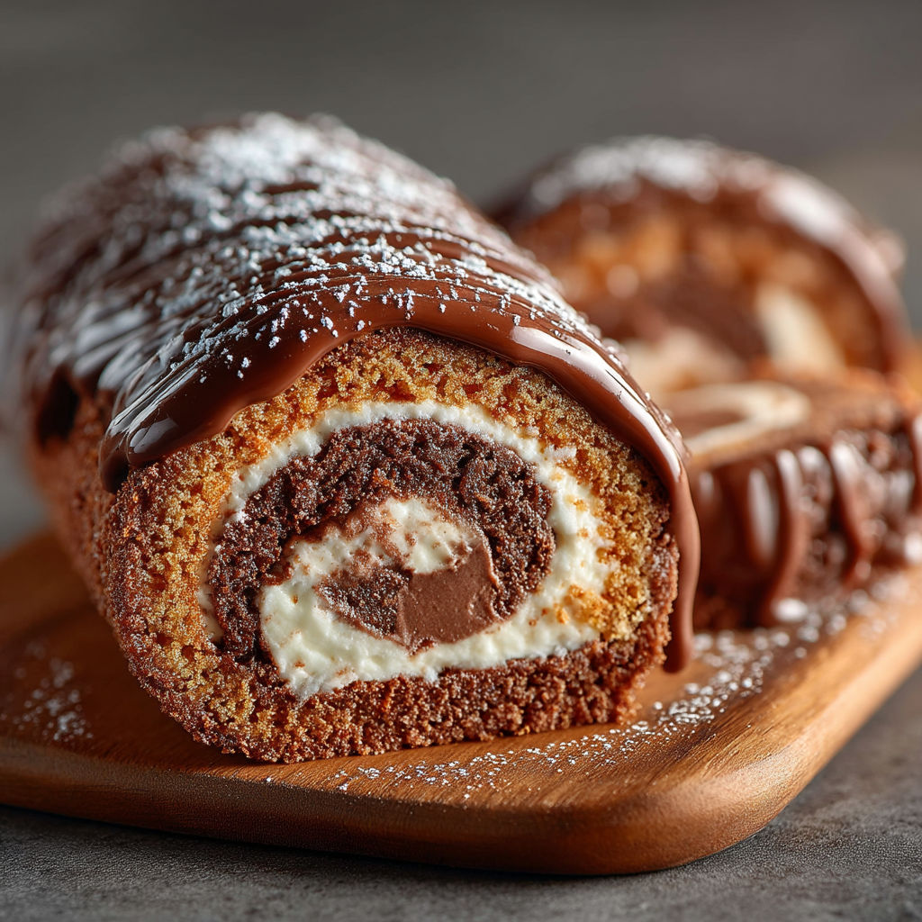 A chocolate-covered pastry on a wooden board.