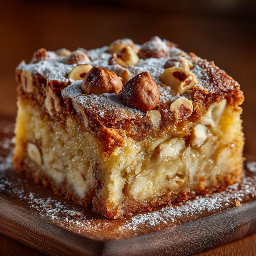 A slice of cake with nuts on top.