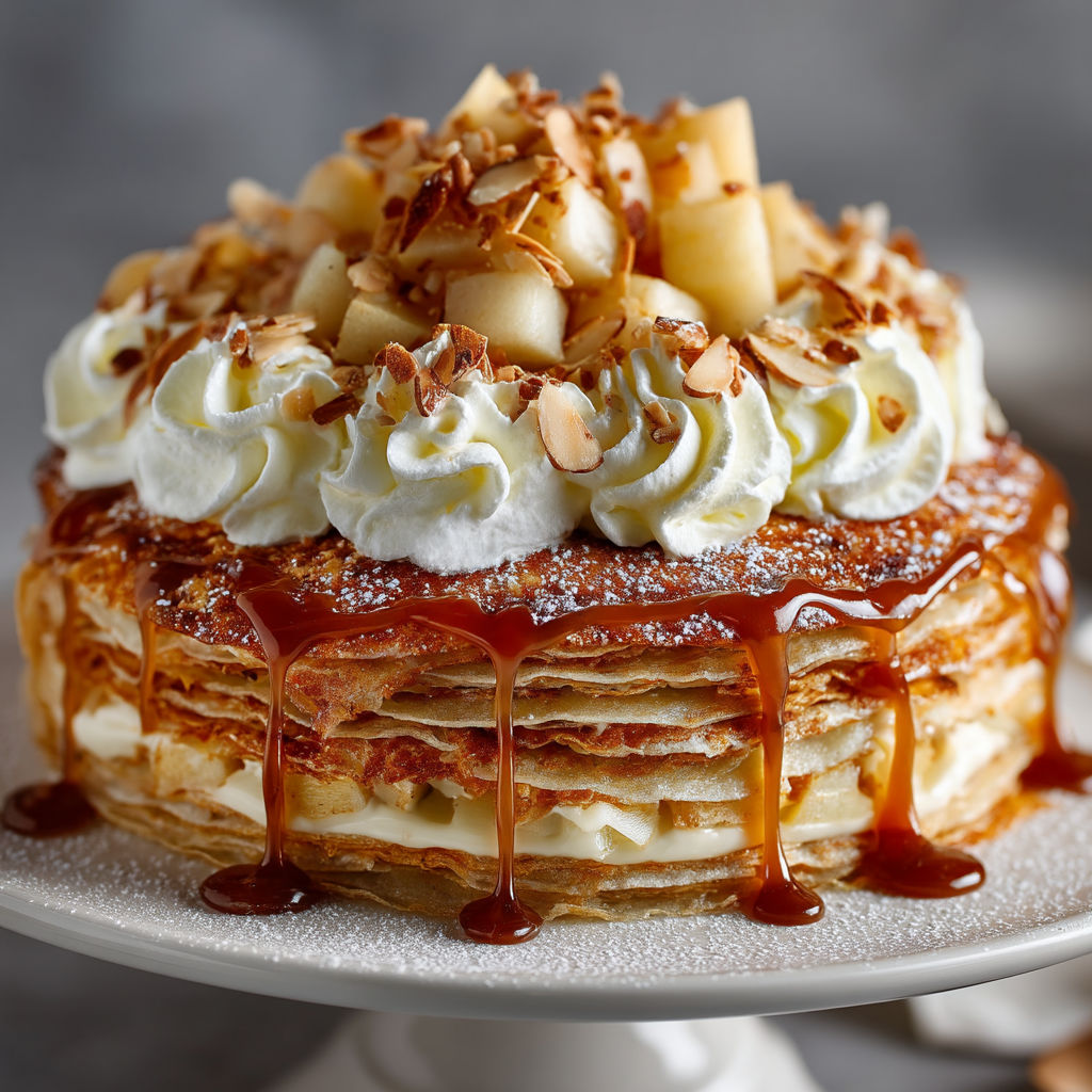 A plate with a caramel and apple crepe cake.